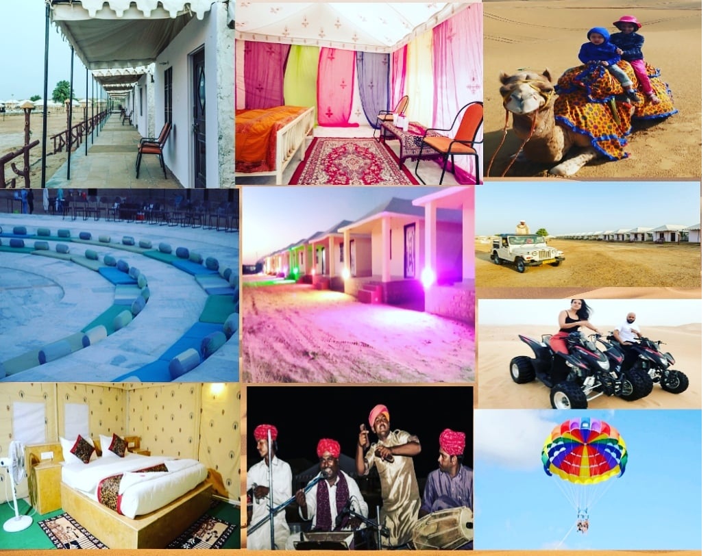 Tourists riding camels during a golden sunset on the sand dunes of Thar Desert in Jaisalmer